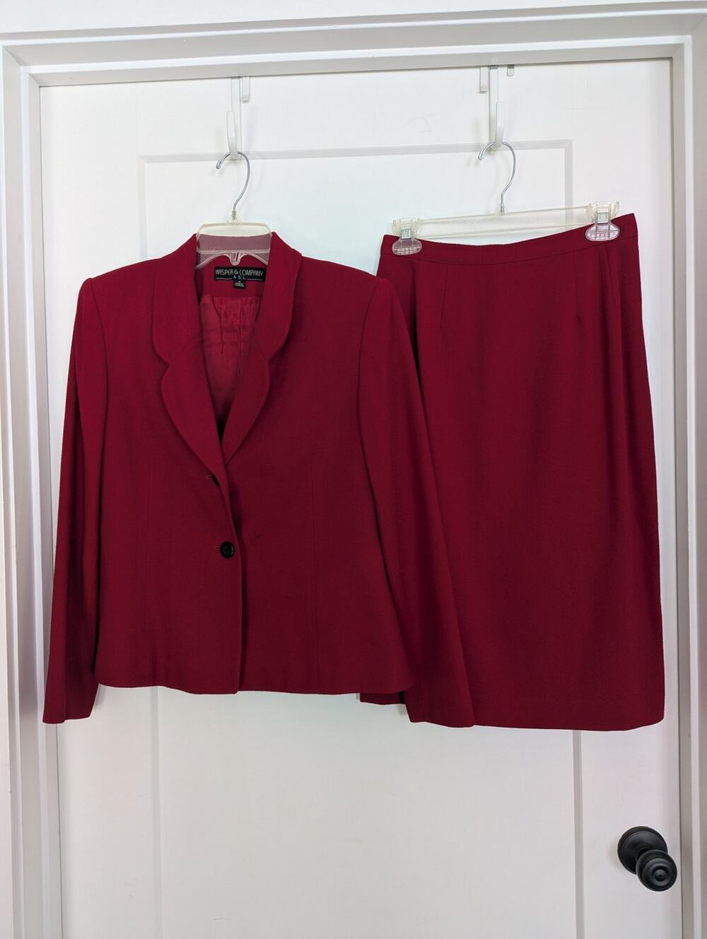 Vtg Kasper & Company Womens 4 Red 100% Wool Skirt Suit Set Blazer Scallop 90s